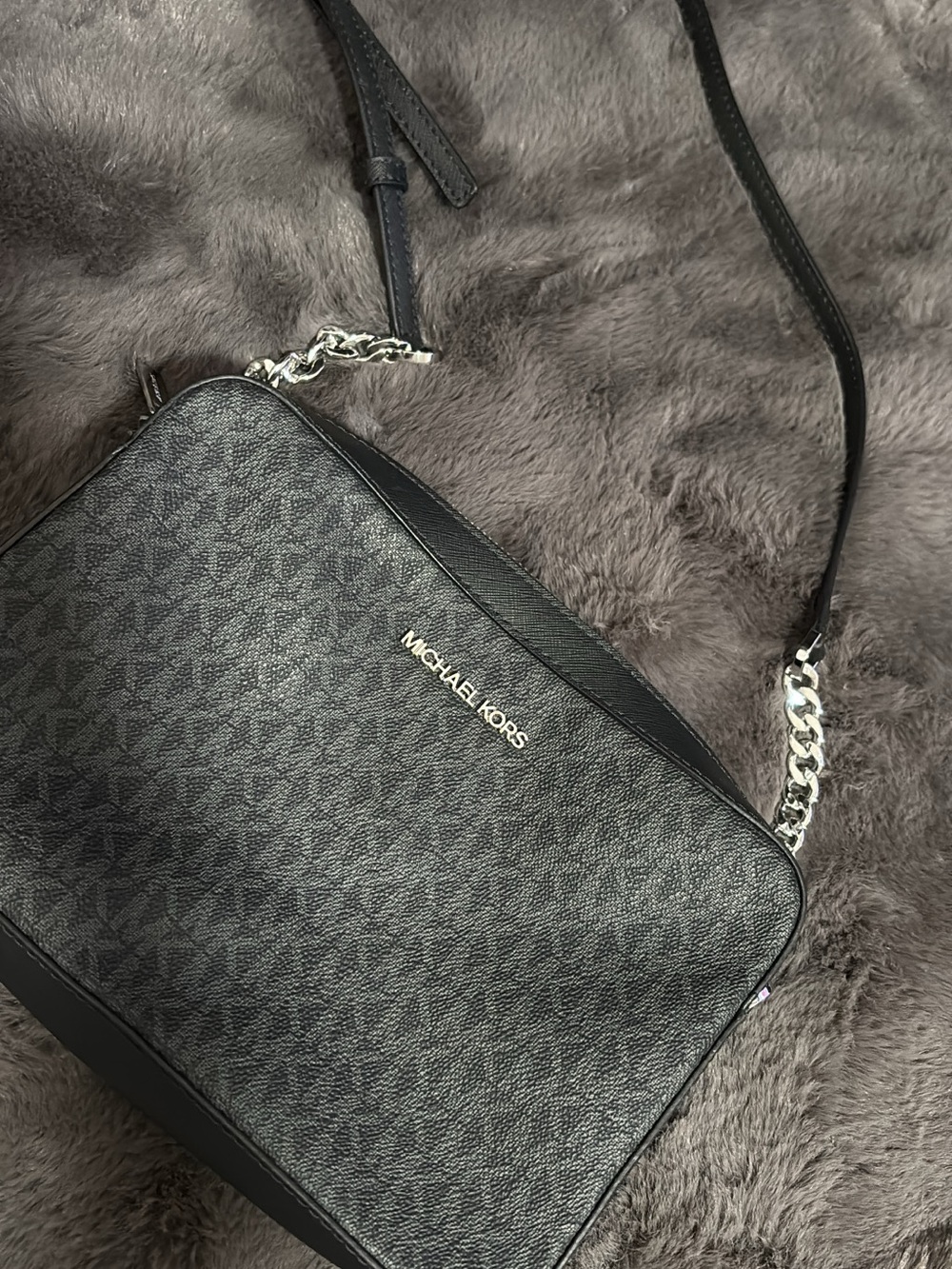Michael Kors Black Signature Crossbody with Silver Chain